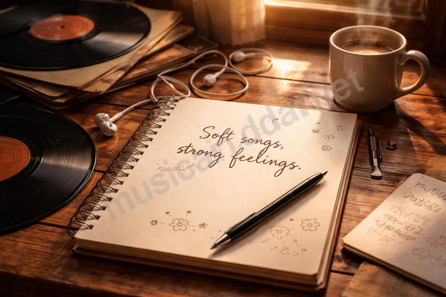 Aesthetic music caption flatlay vinyl notebook