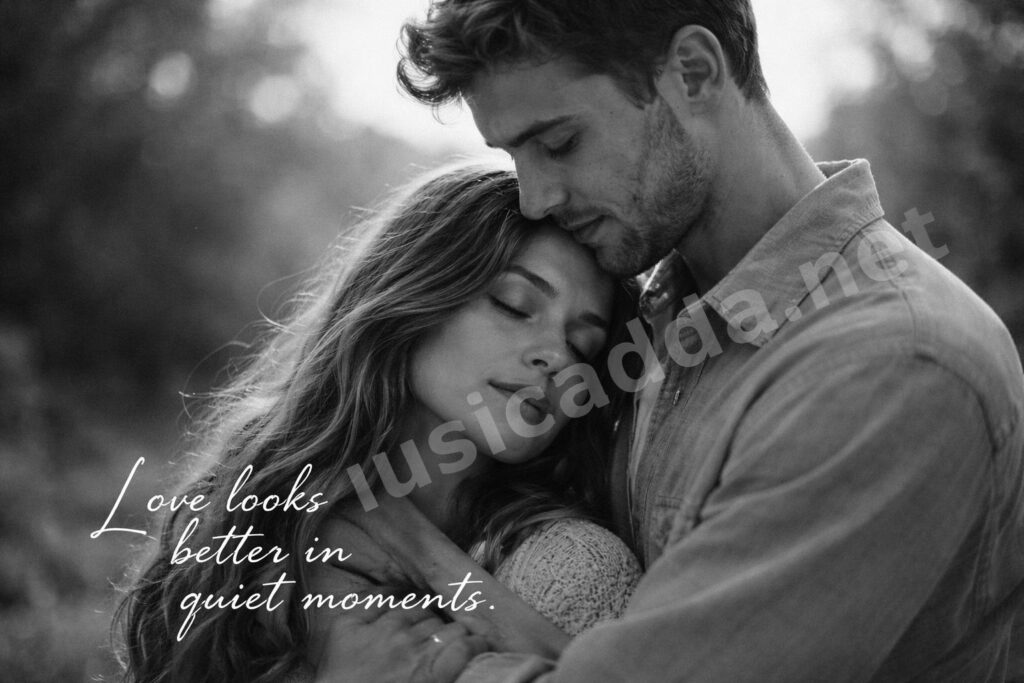 Black and white couple photo with soft embrace