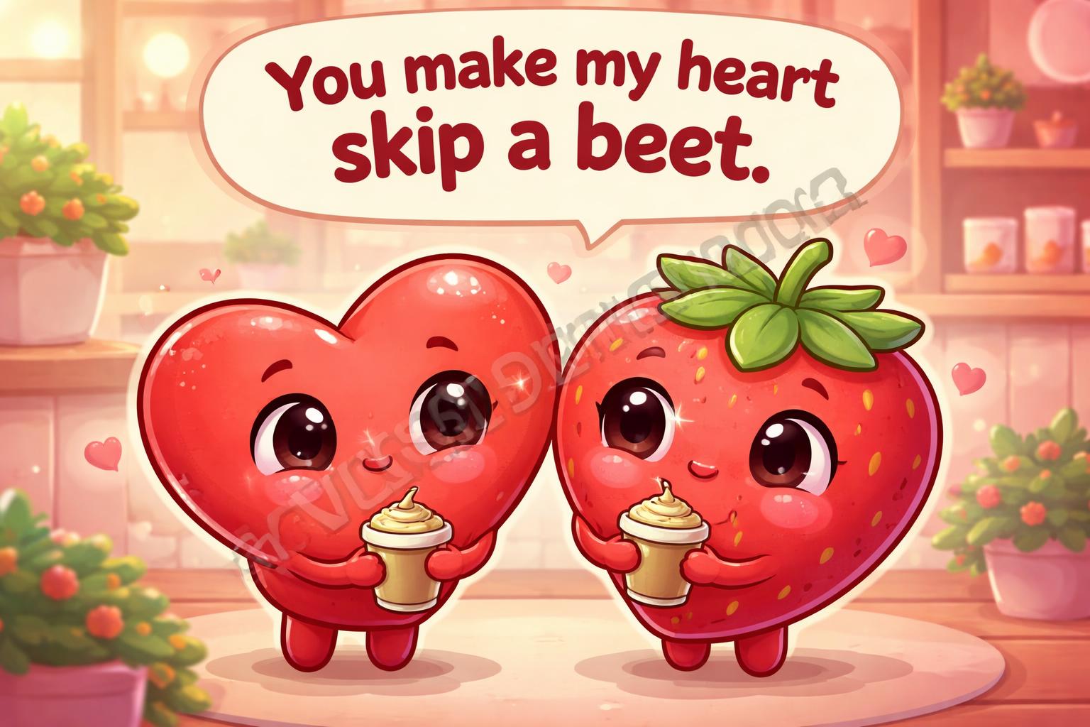 Blushing heart and strawberry pun