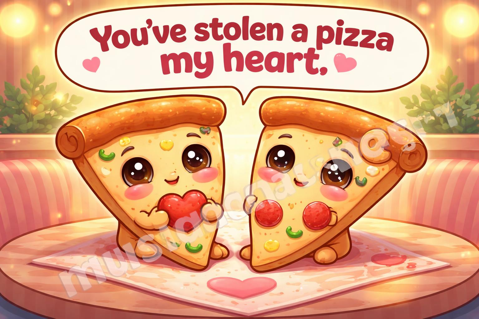 Blushing pizza slice love pun