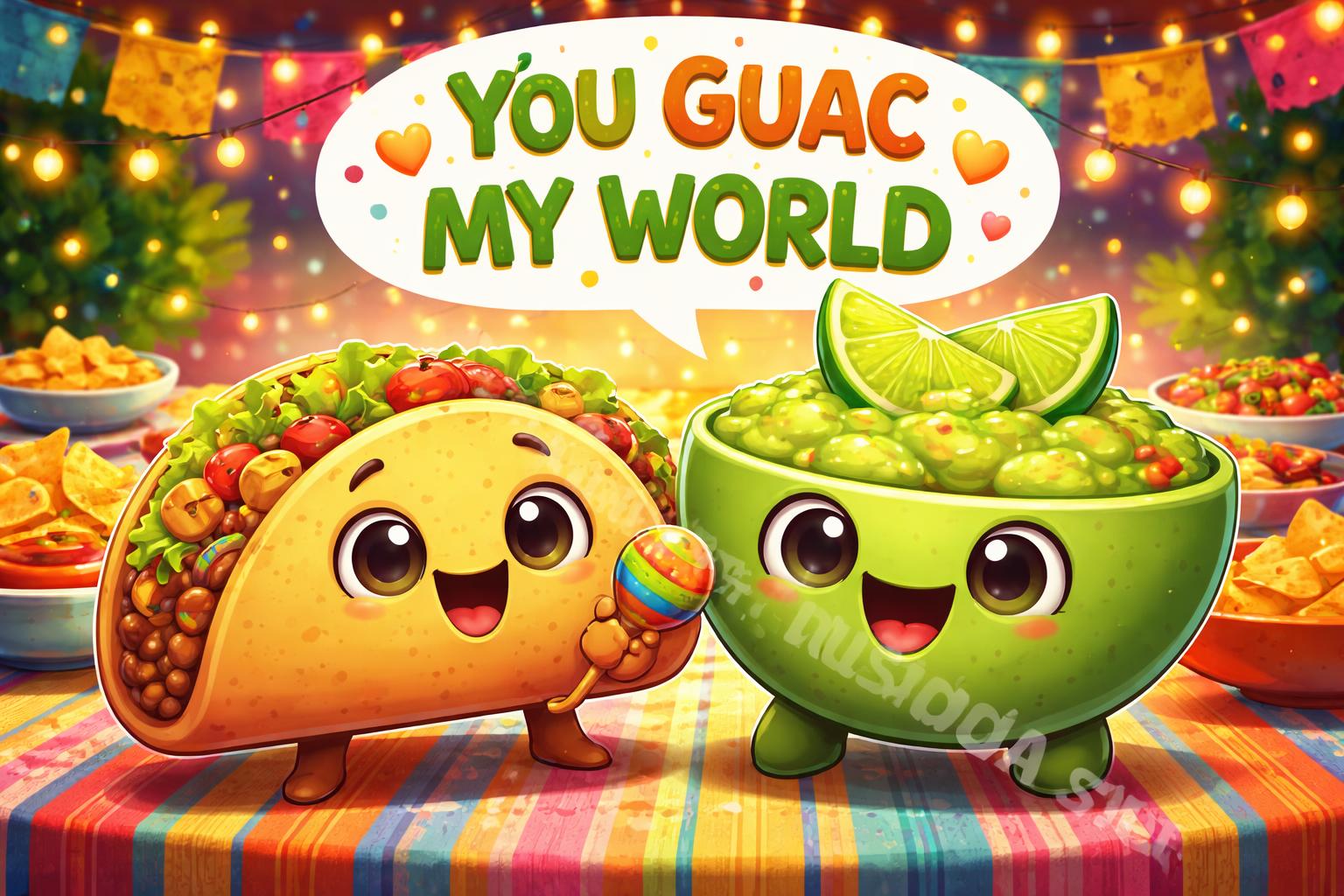 Cheerful taco and guacamole joke