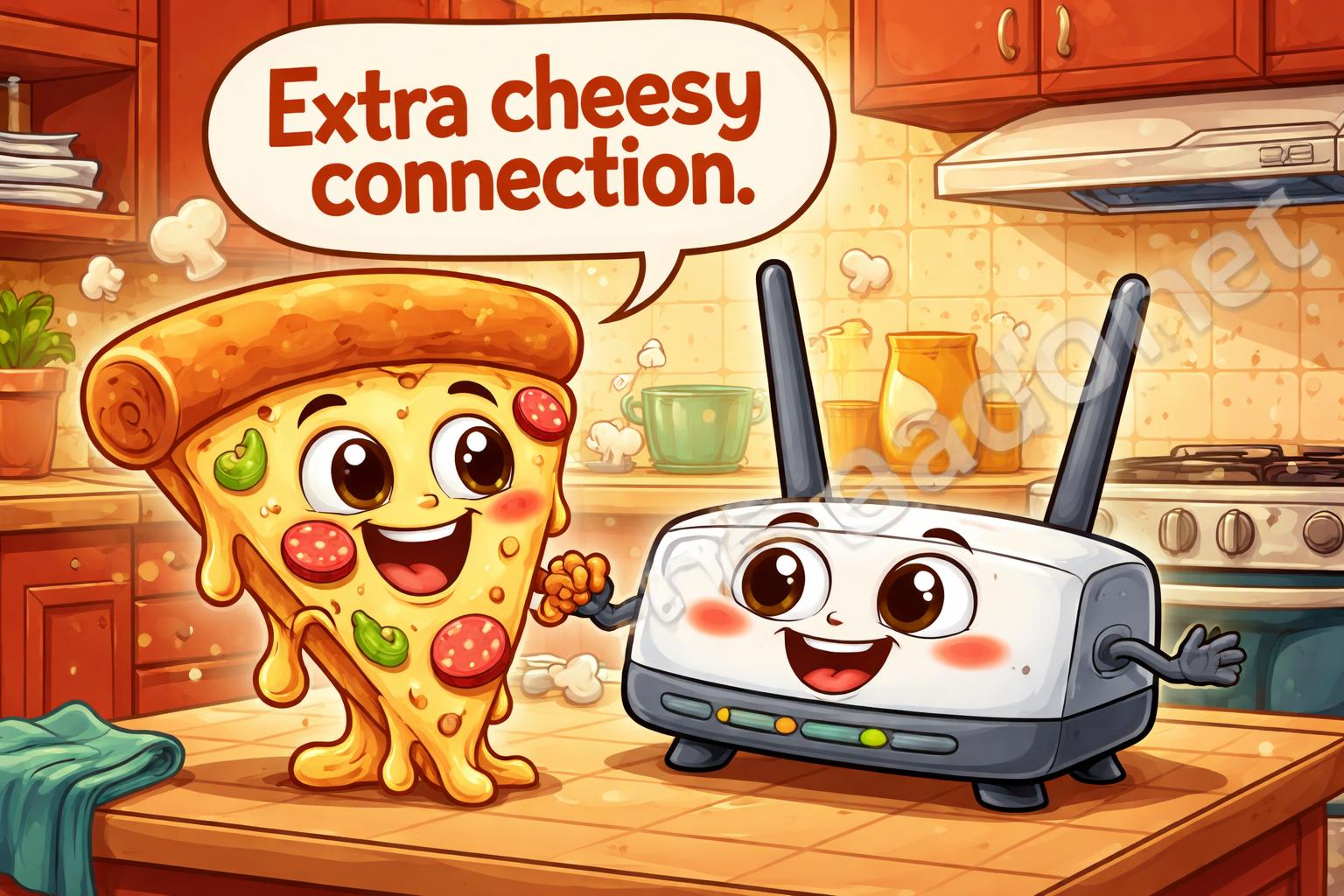 Cheesy pizza and router cartoon