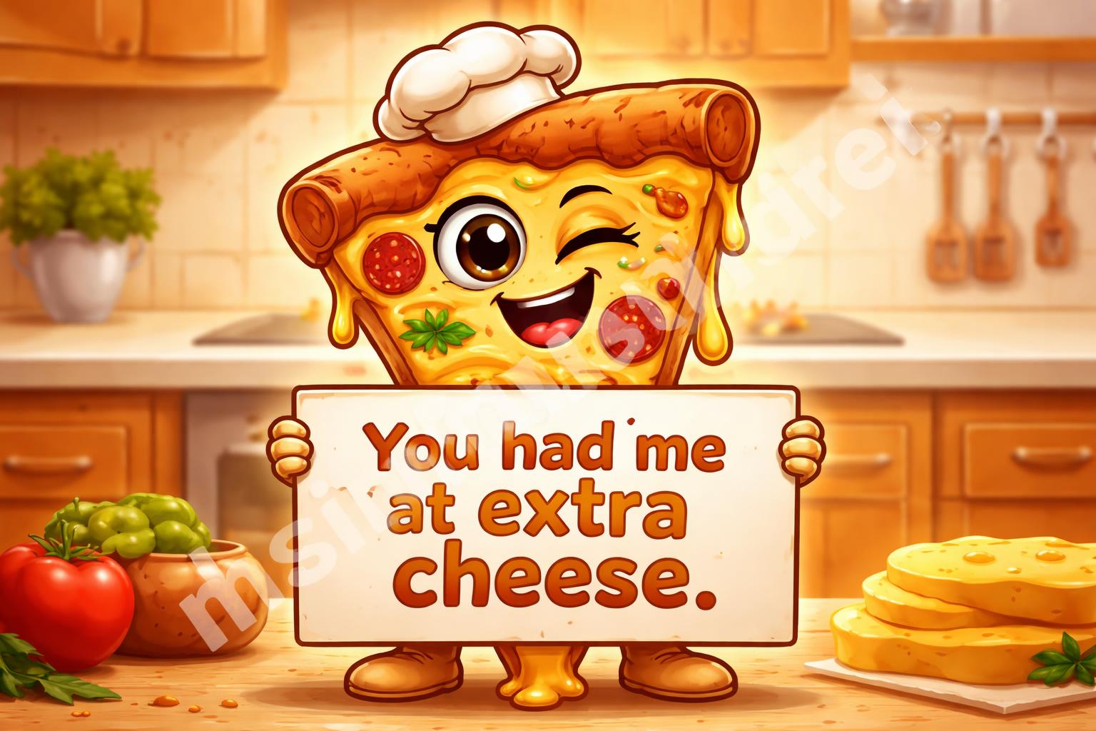 Cheesy pizza slice with pun sign