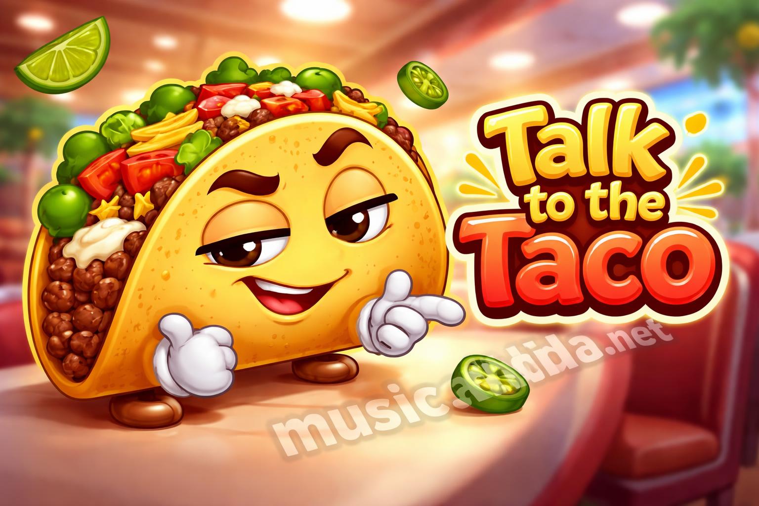 Confident taco character pun closeup
