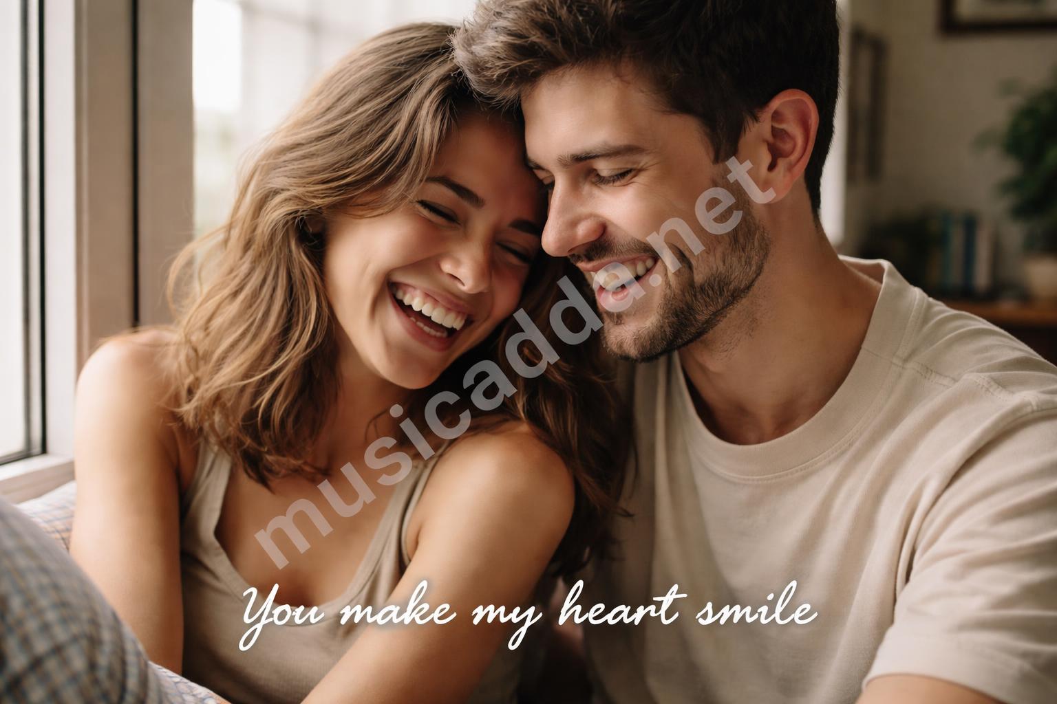 Couple laughing close up selfie window light