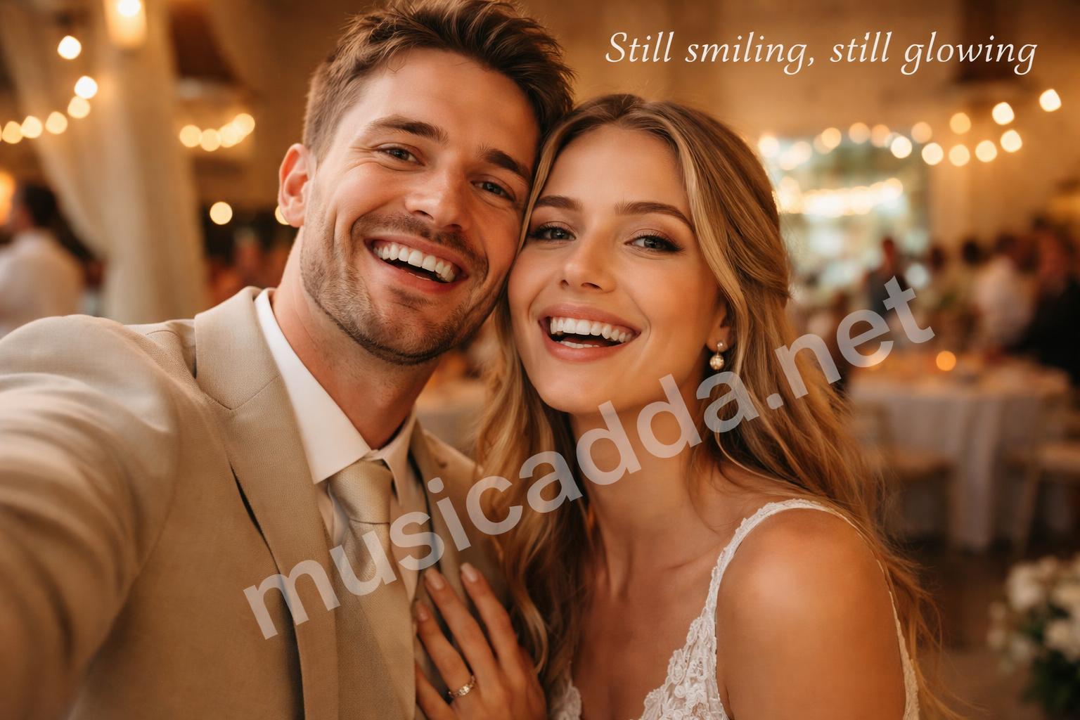 Couple selfie just married with friends blur background