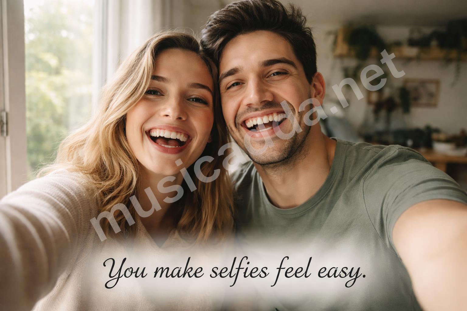 Couple selfie soft window light love caption