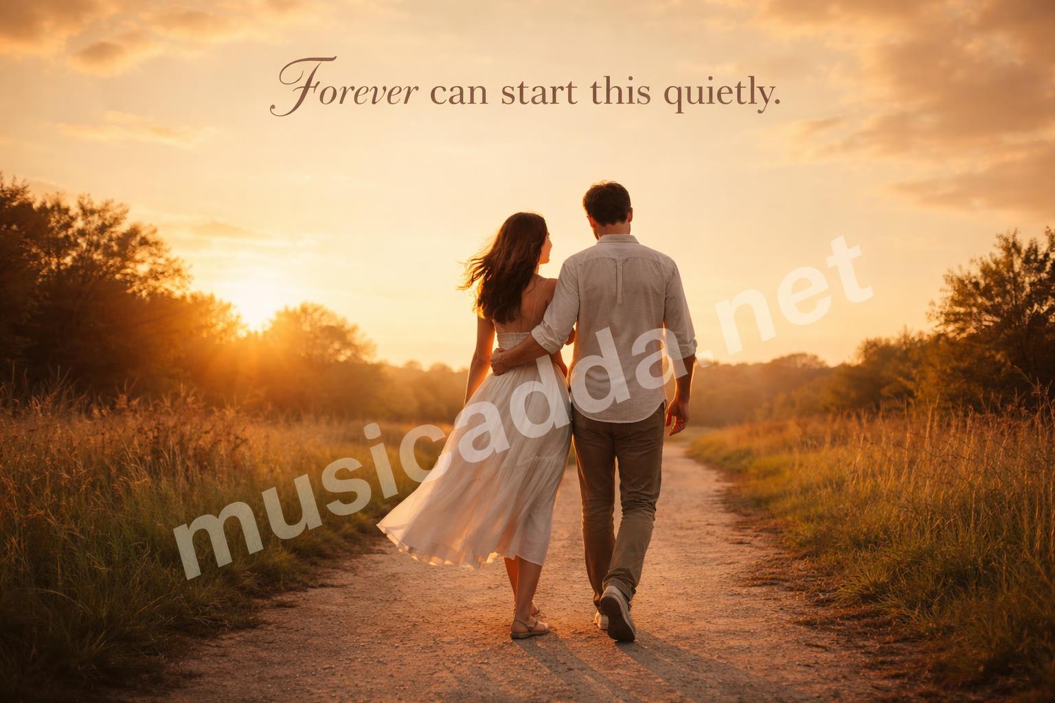 Couple walking sunset timeless love caption