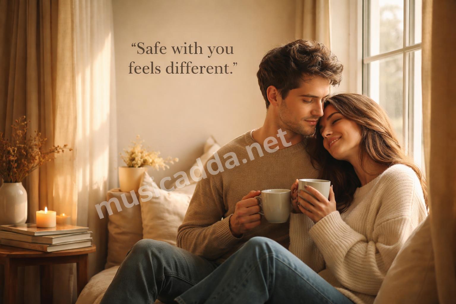 Cozy couple sitting window light