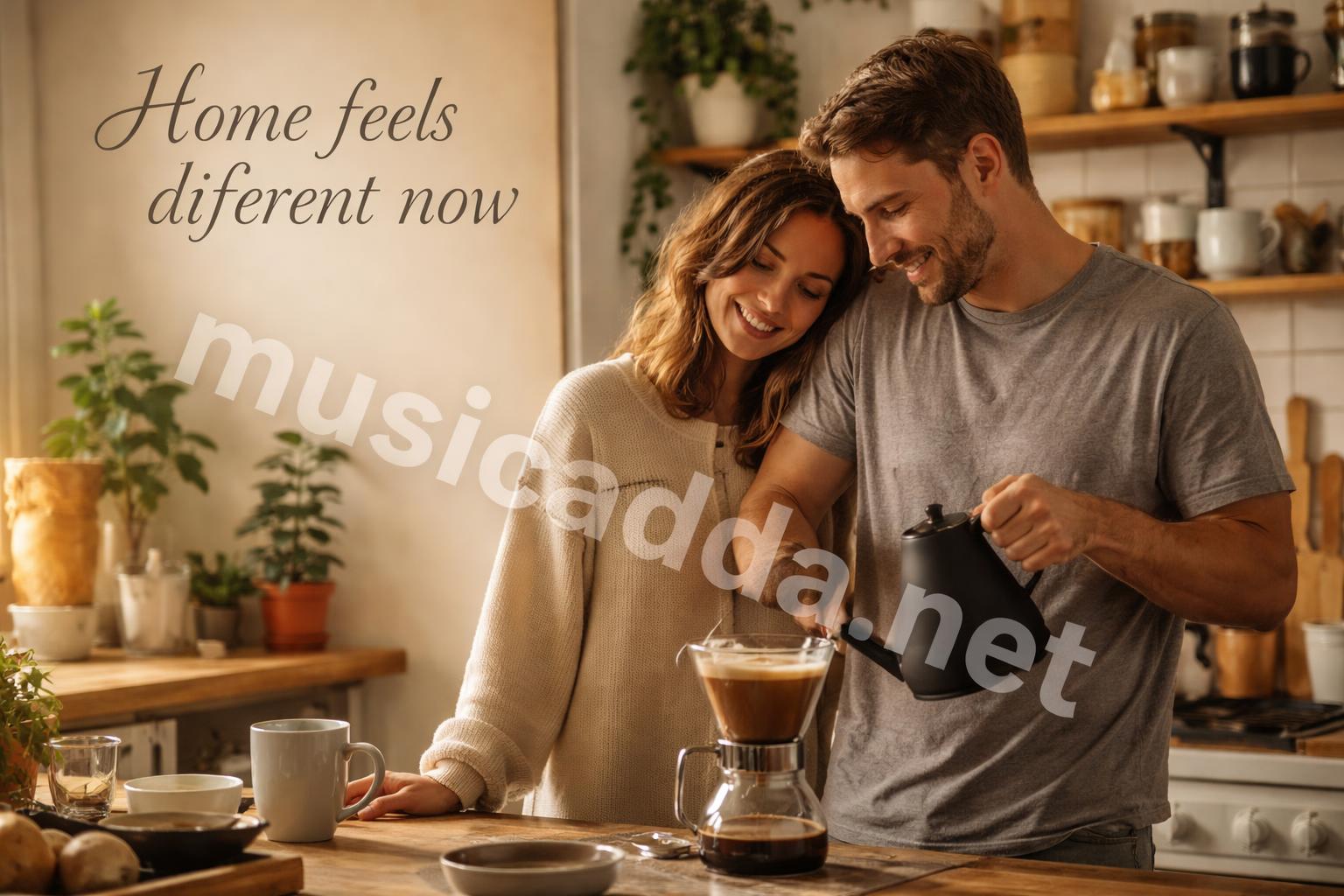 Cozy newlywed home kitchen moment