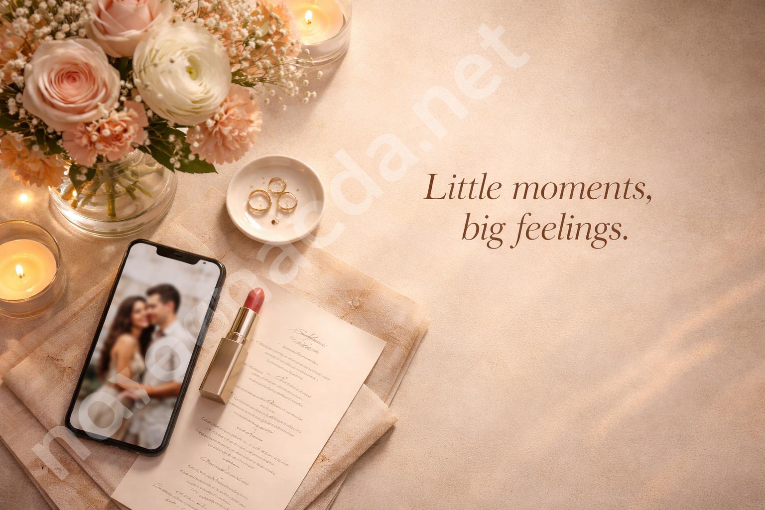Date night bouquet and phone flatlay