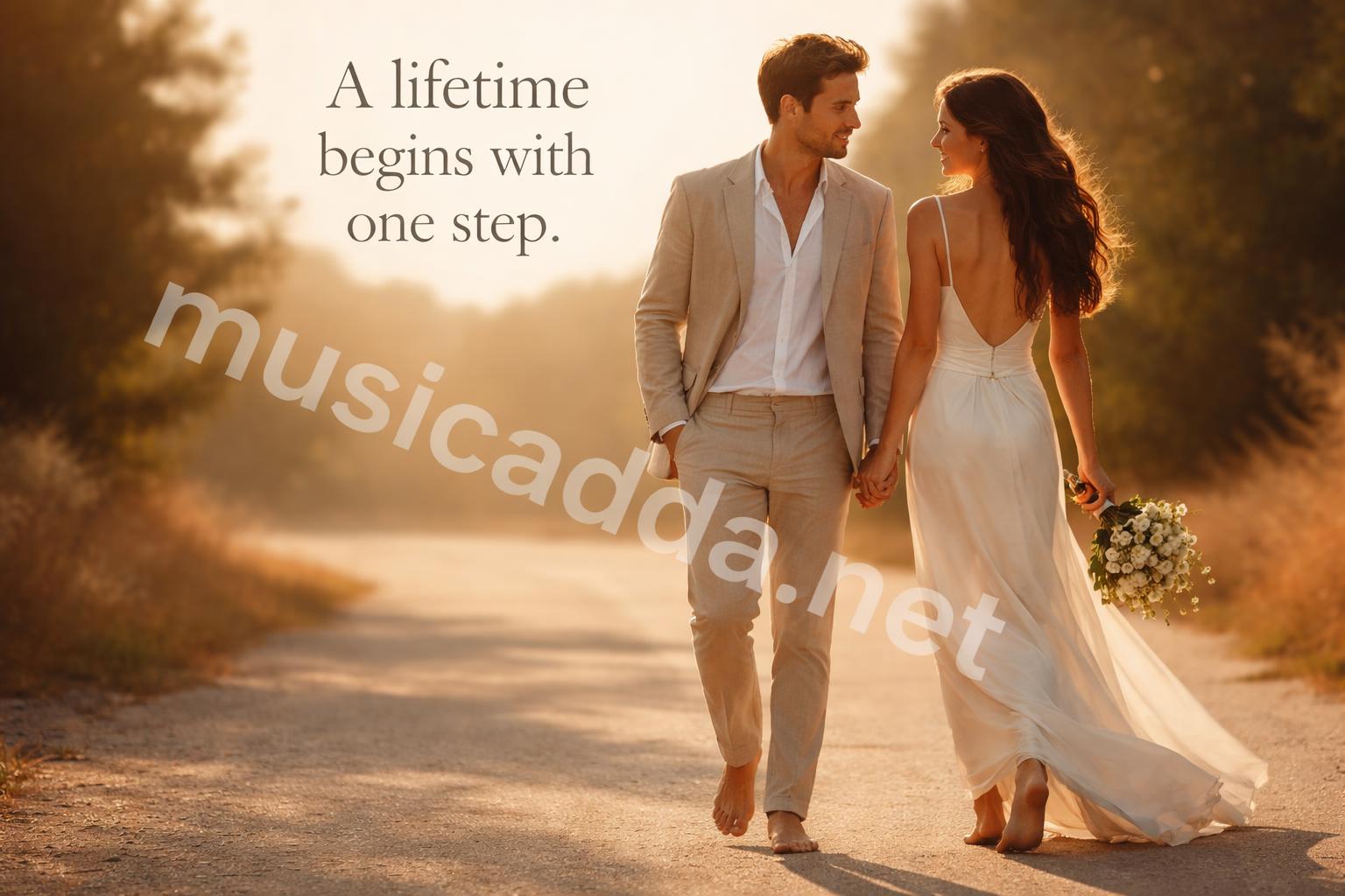 Elegant newlywed couple walking in evening light