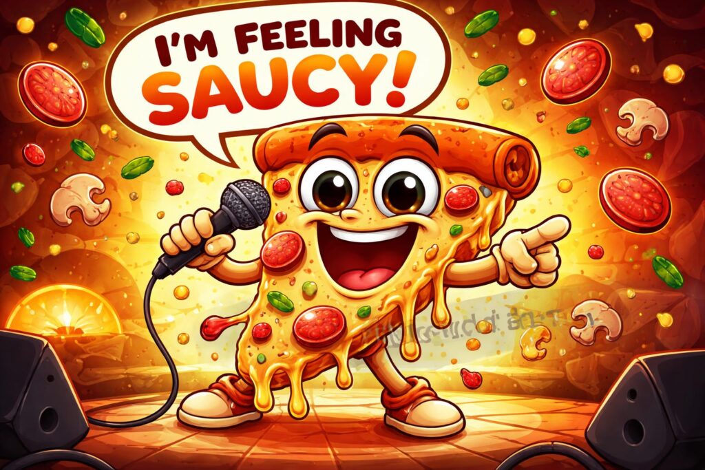 Extra cheesy pizza hero cartoon