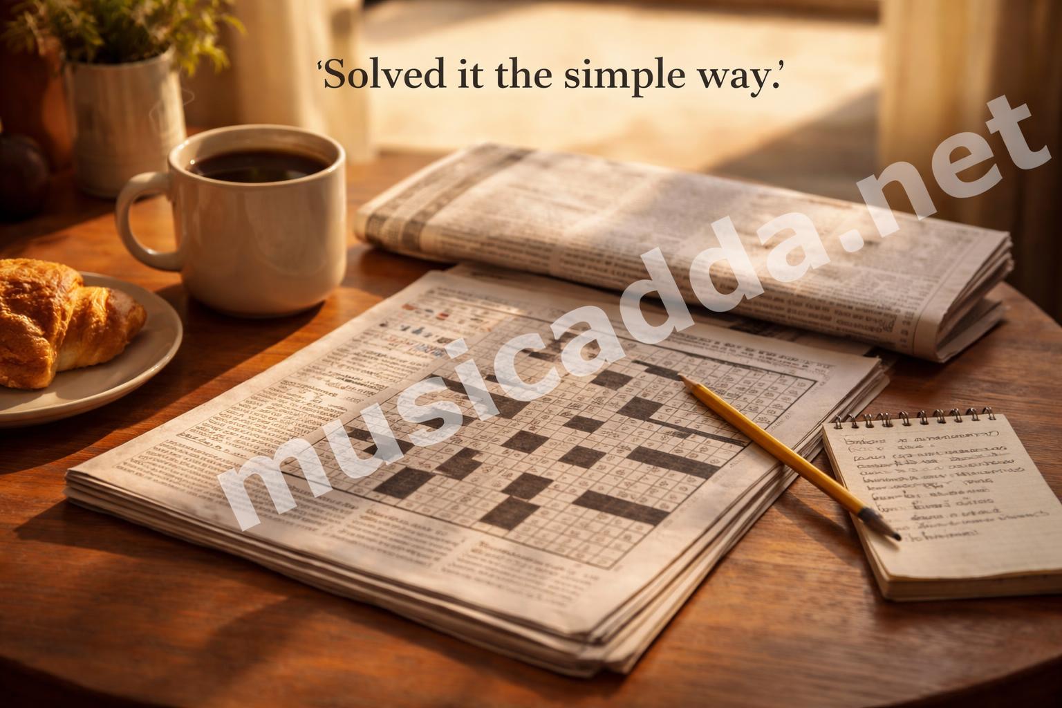 Finished crossword with notes and coffee cup