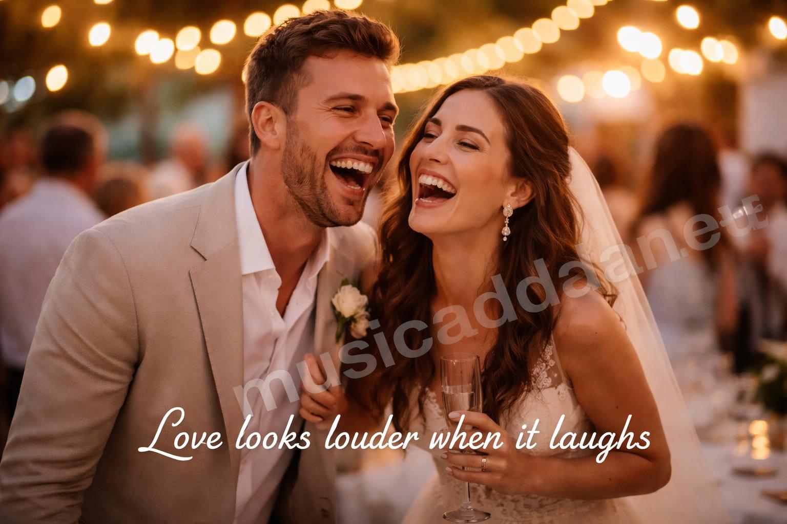 Funny newlywed couple laughing at reception