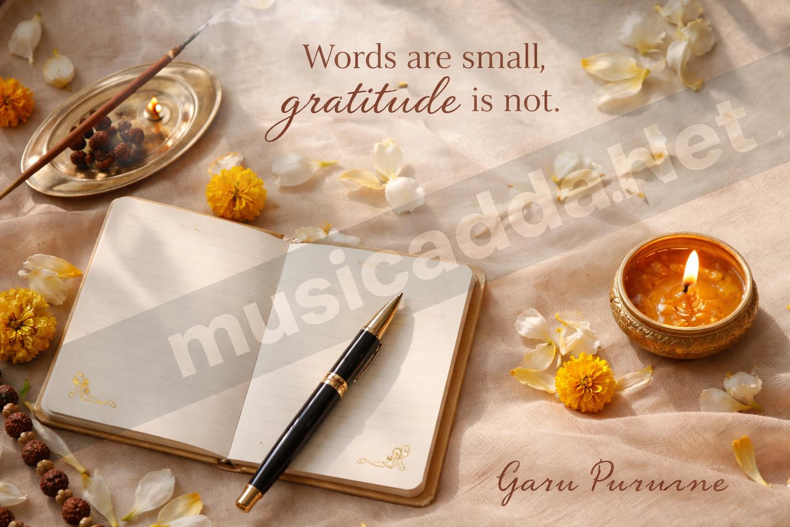 Guru purnima flowers book pen flatlay