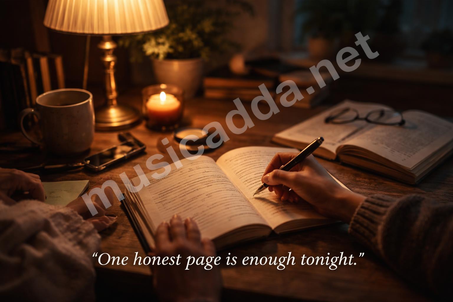 Hands writing in quote journal at night