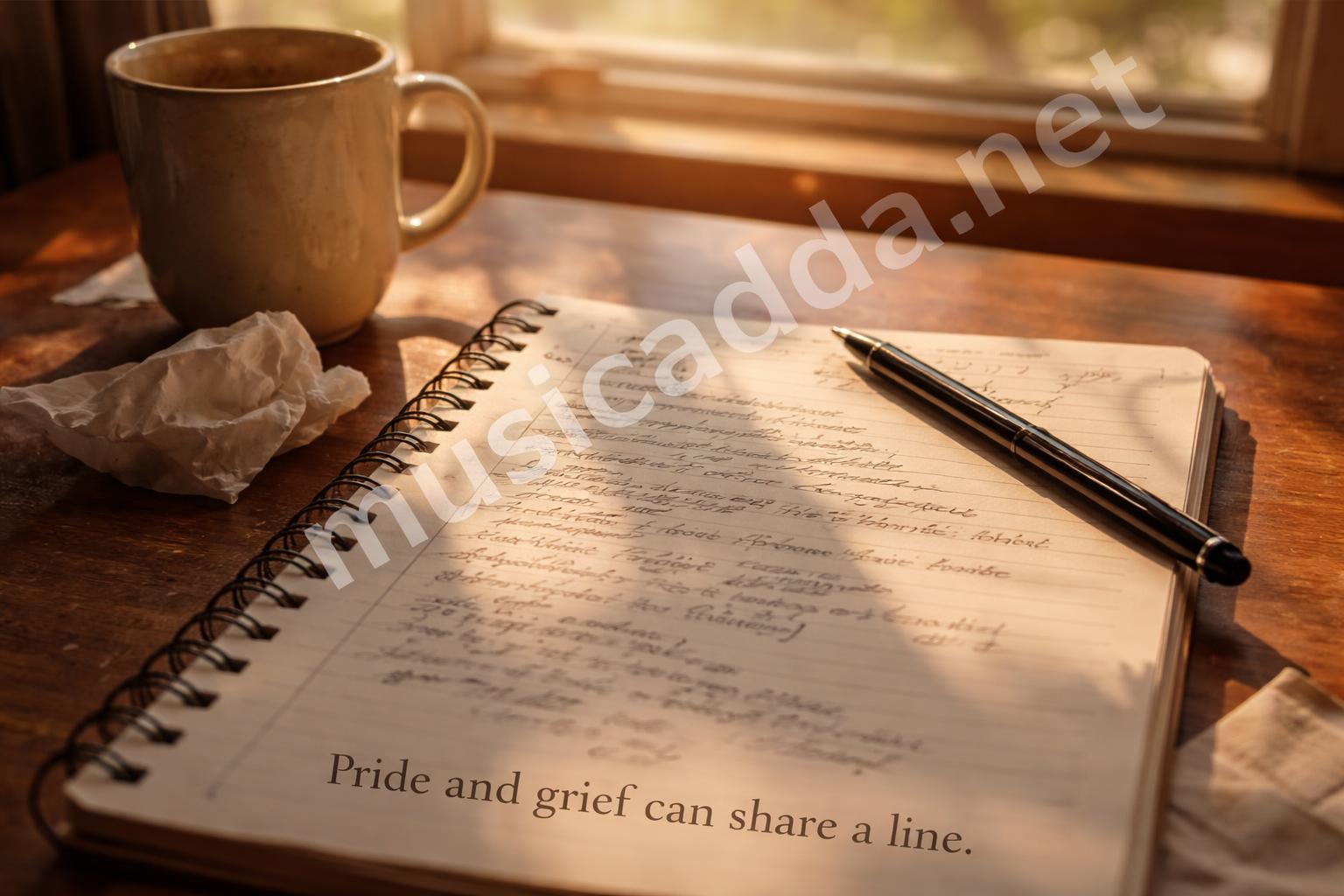 Handwritten lyric notes by the window