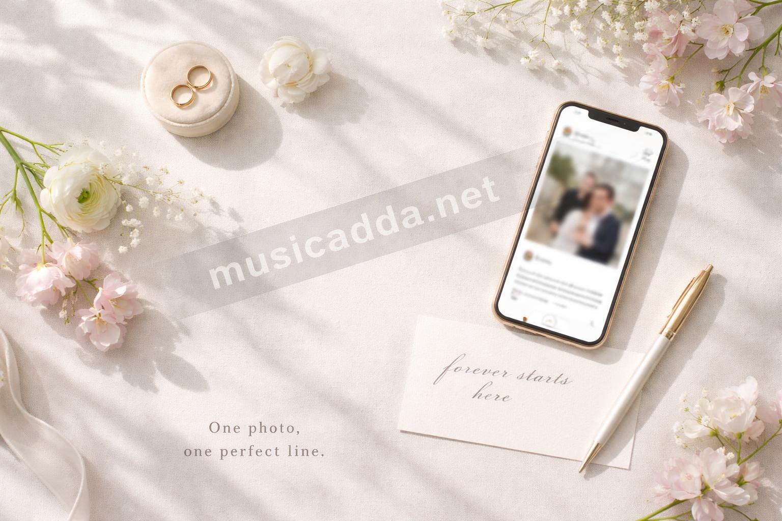 Instagram caption ideas flat lay wedding rings and phone