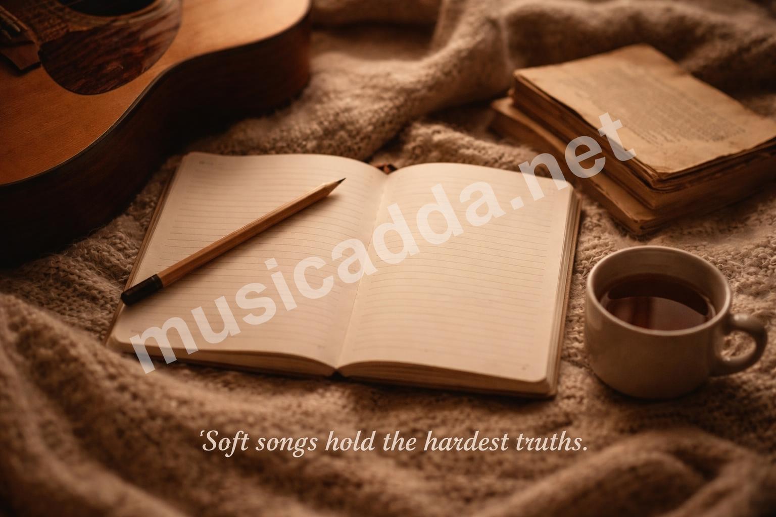 Journal and acoustic guitar aesthetic flatlay