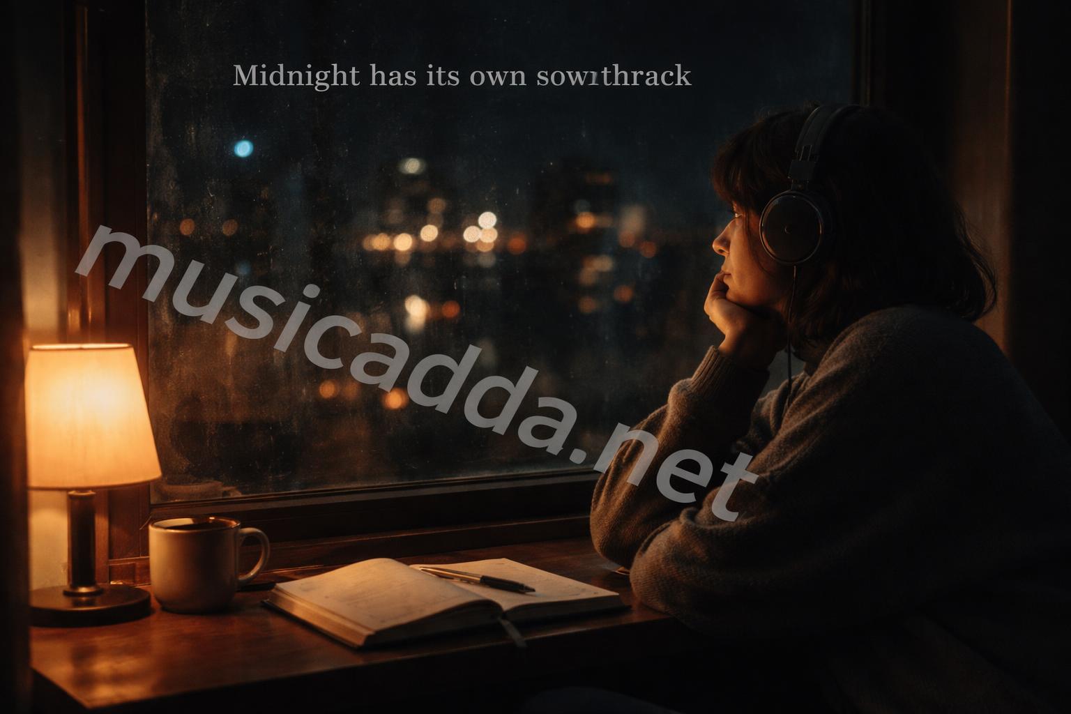 Late night music caption window reflection