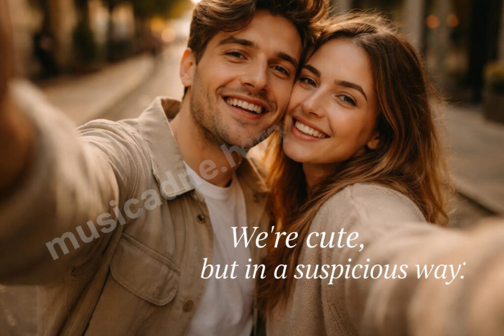Laughing couple candid selfie caption hero