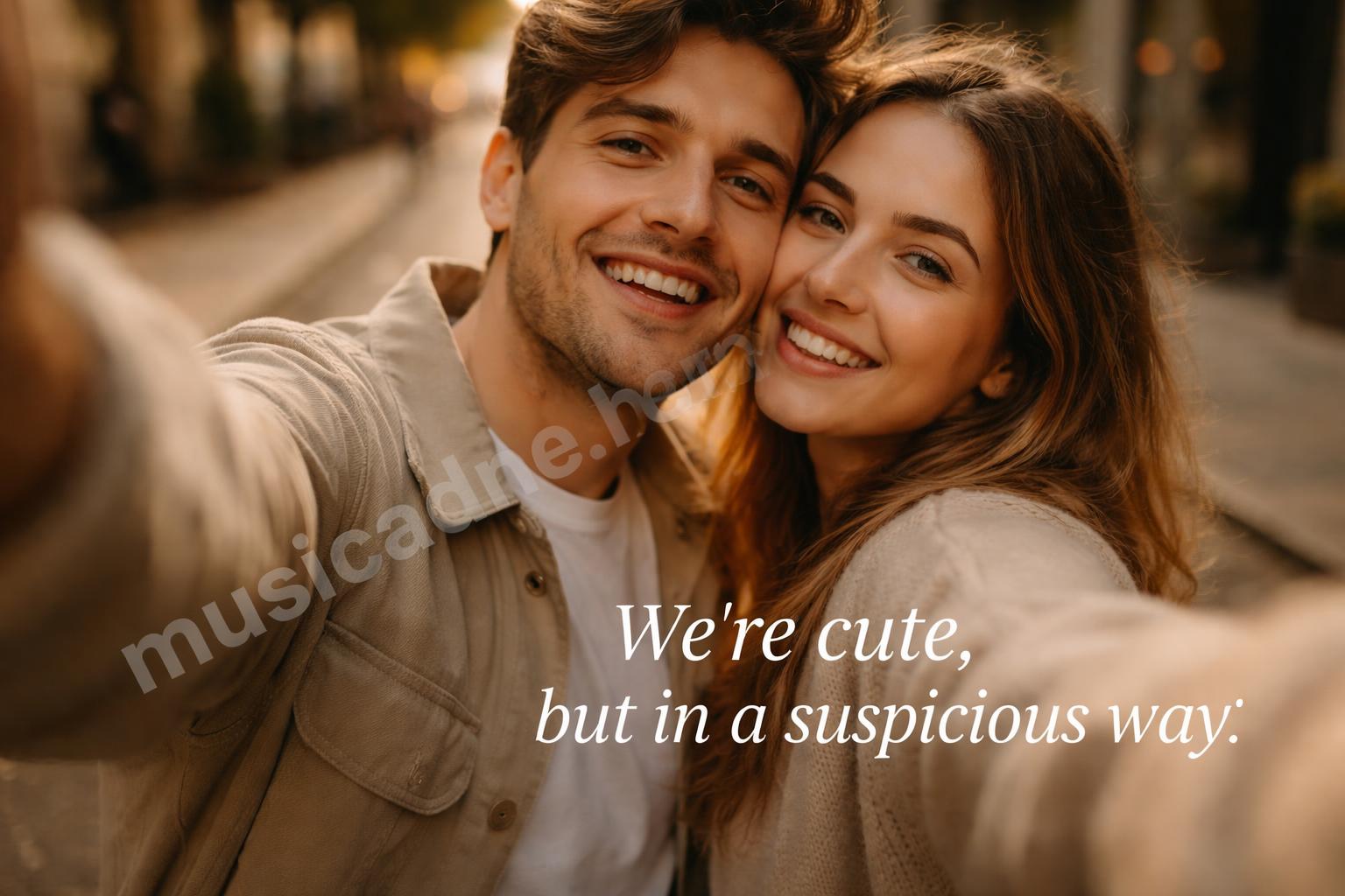 Laughing couple candid selfie caption hero