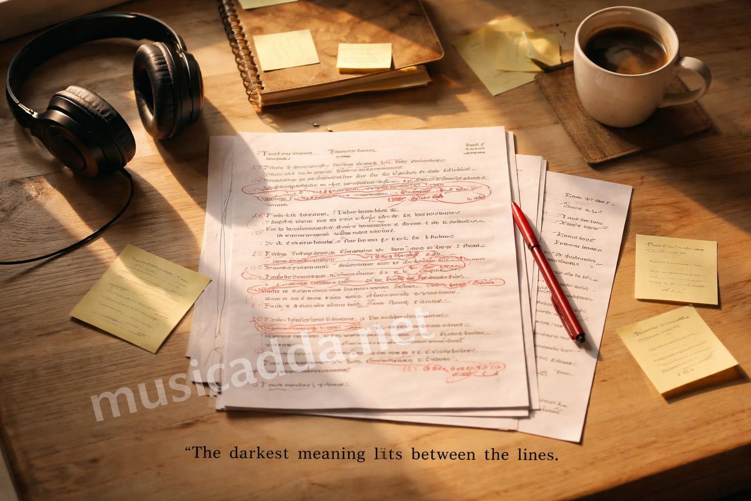 Lyric sheet red pen analysis desk