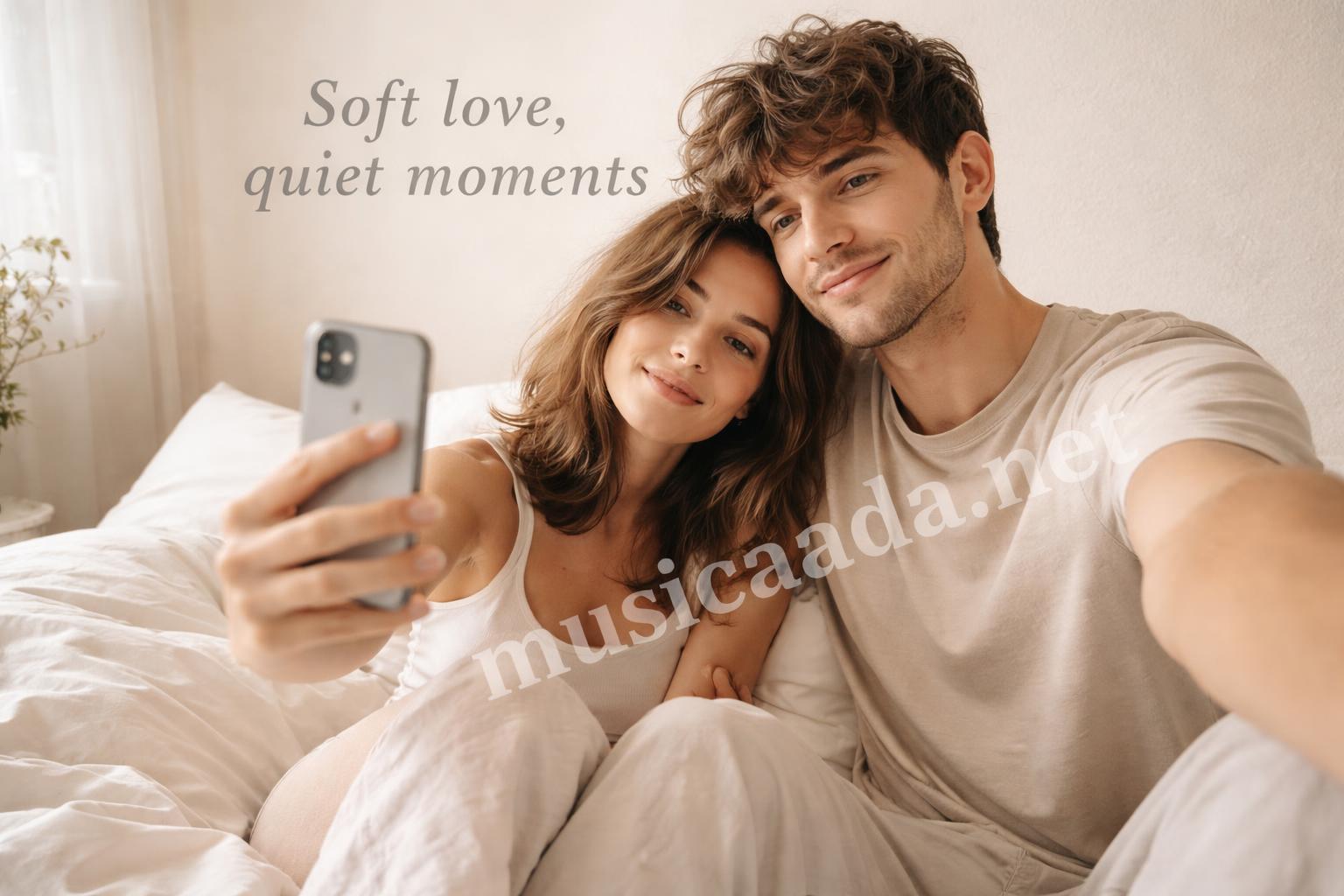 Minimal couple selfie on bed white sheets