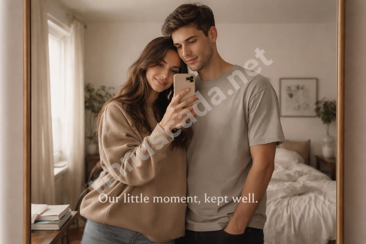 Mirror selfie couple love caption phone shot