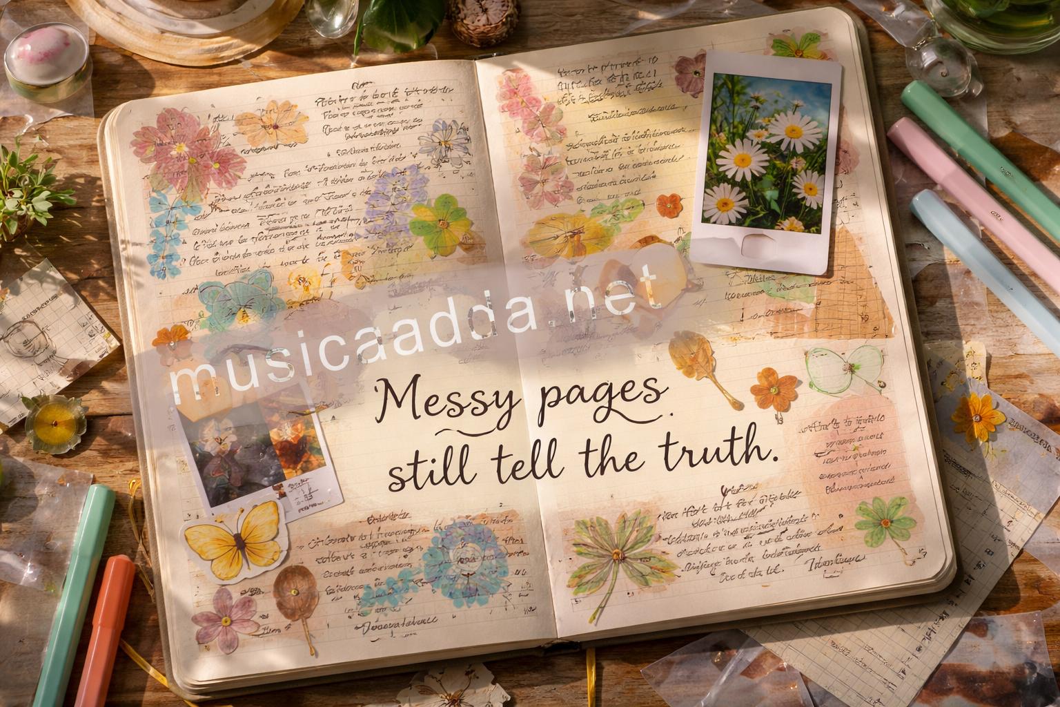 Mixed media journal with stickers and handwriting