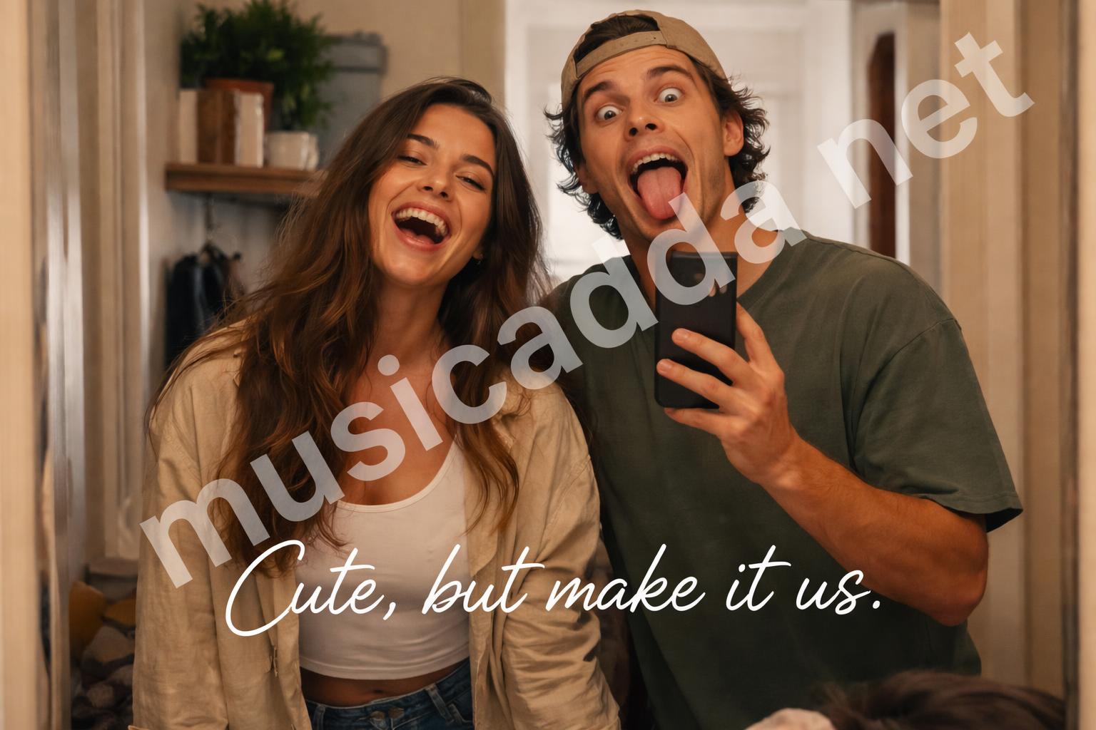 Playful couple selfie caption