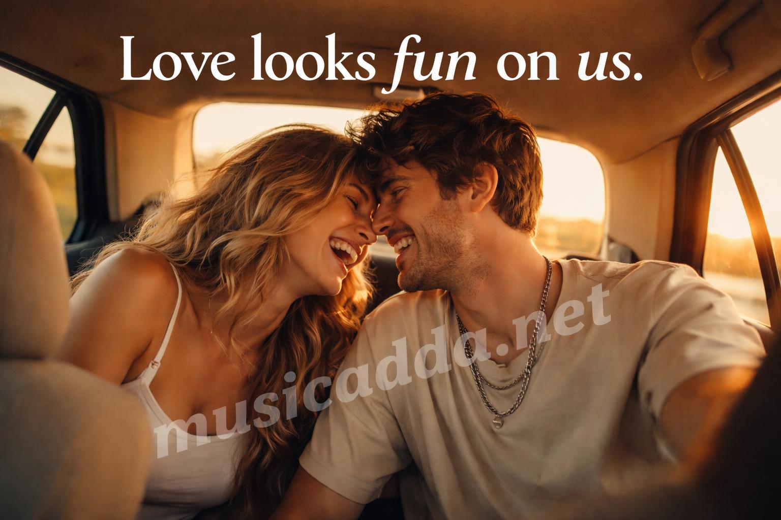 Playful couple selfie car backseat golden hour