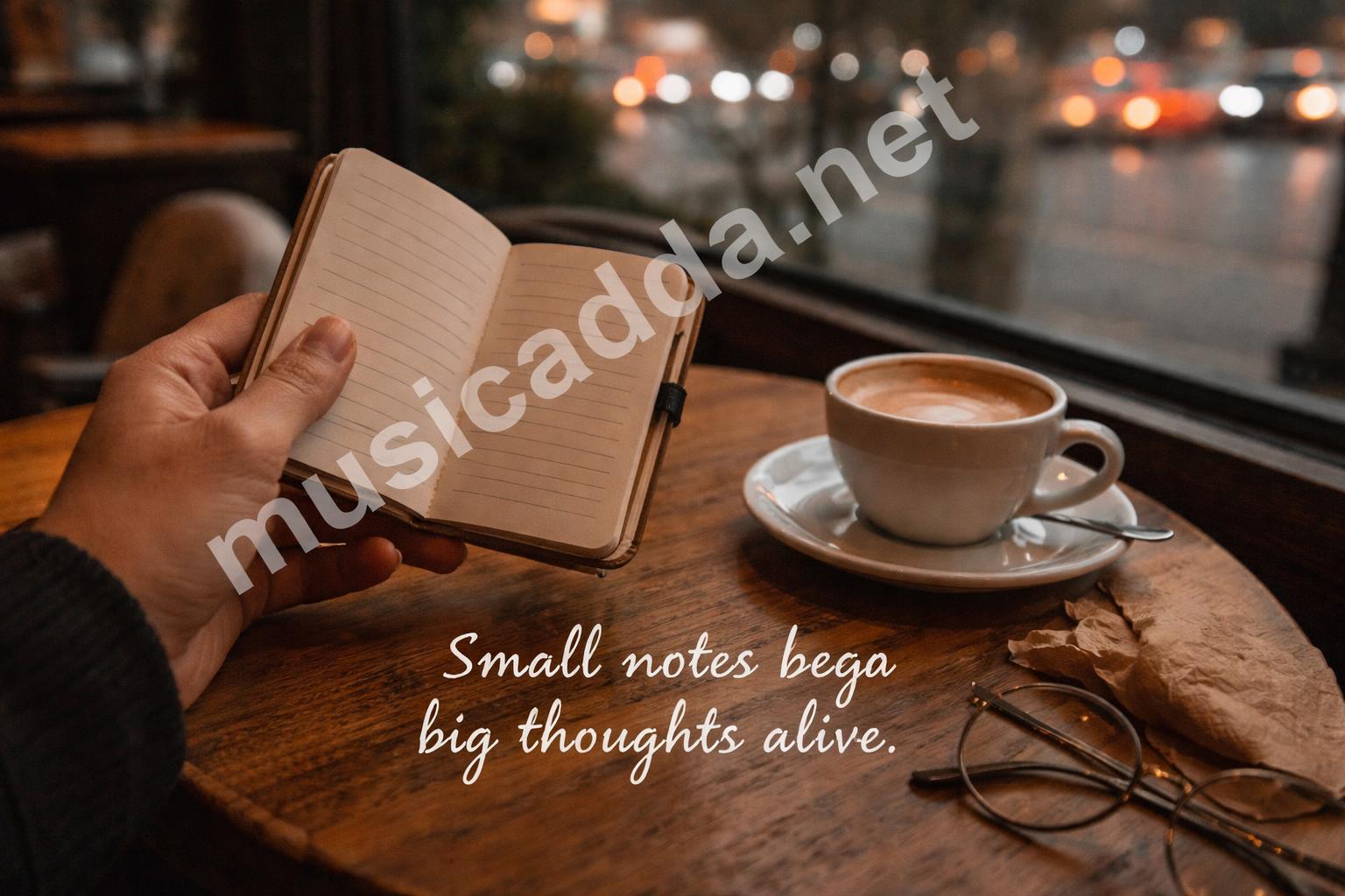 Pocket journal in hand on cafe table