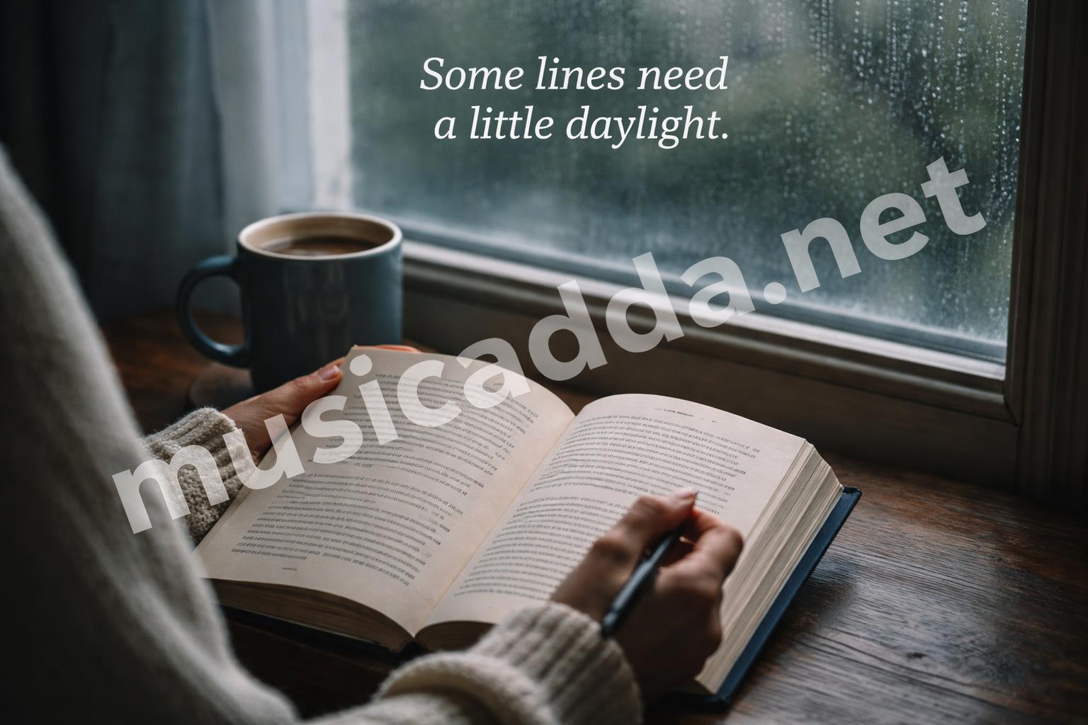 Reading quote book by window