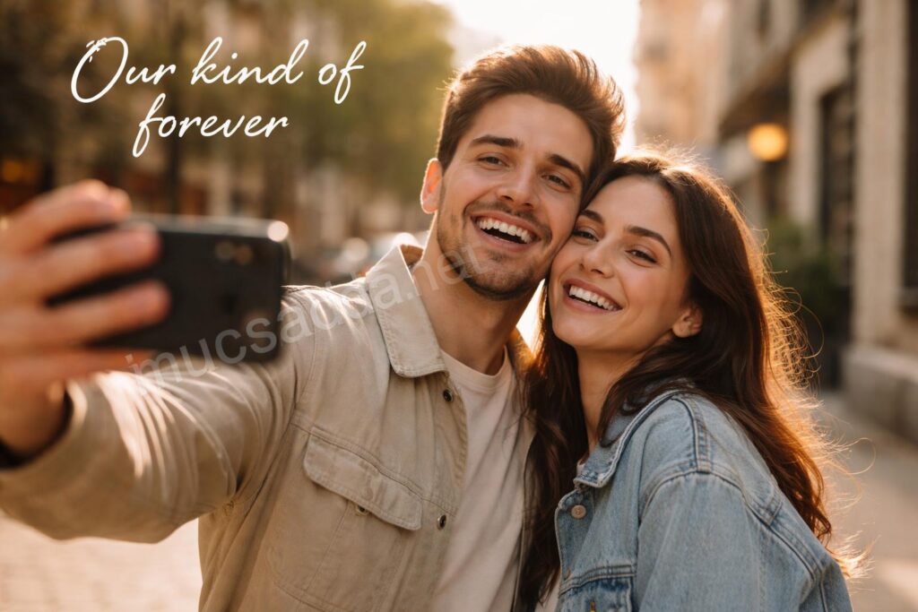 Romantic couple selfie on city street