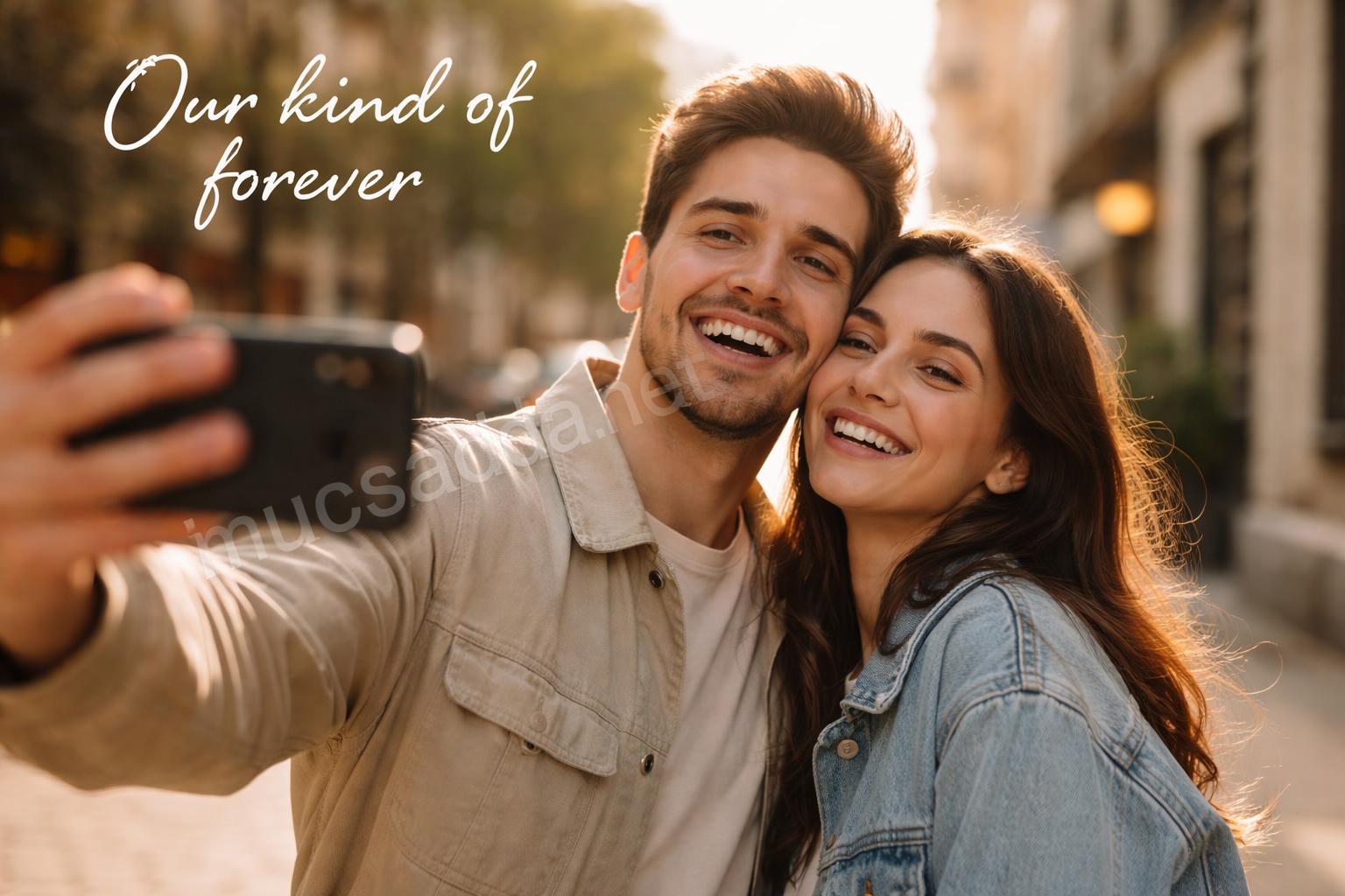 Romantic couple selfie on city street