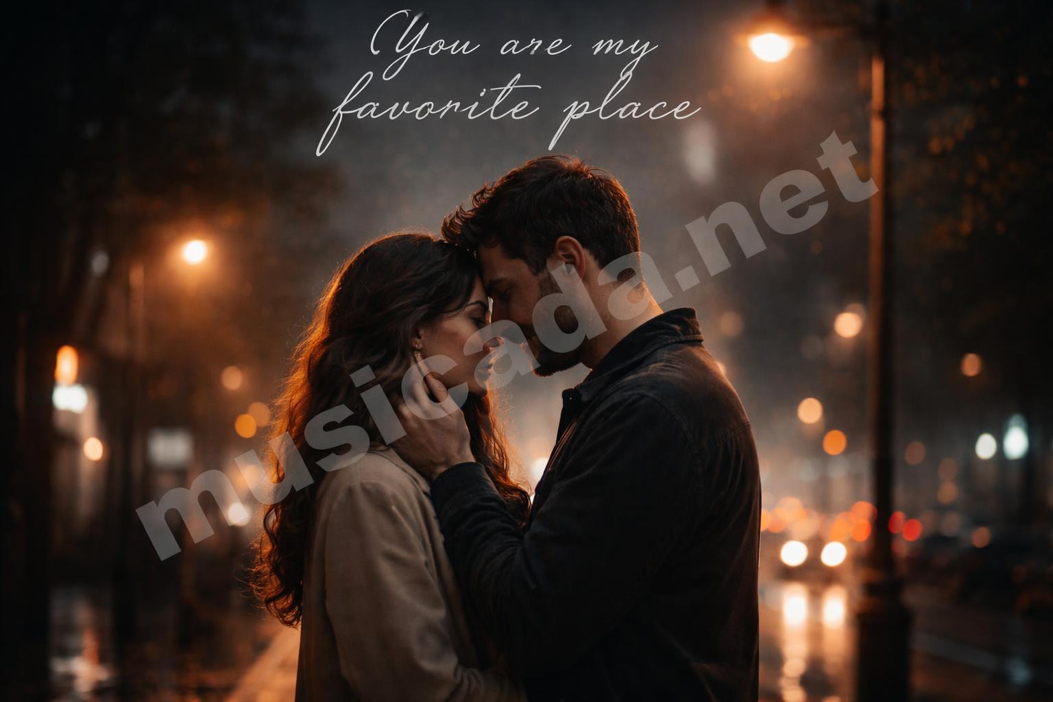 Romantic couple standing under city lights evening