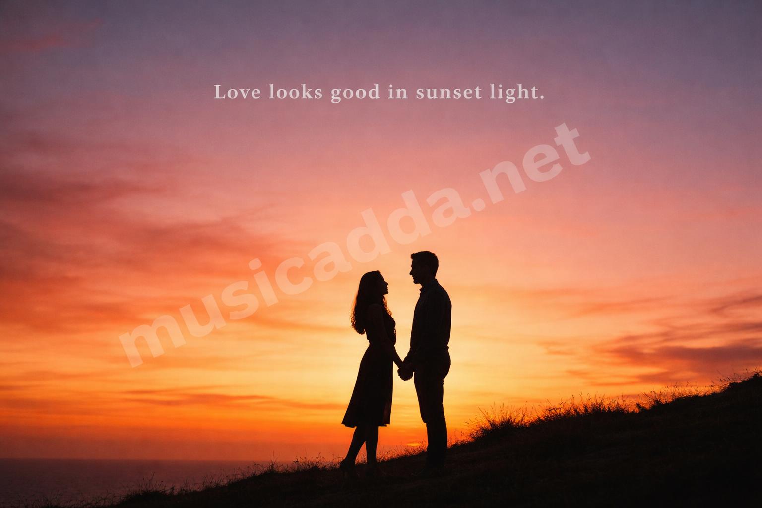 Romantic couple sunset captions silhouette