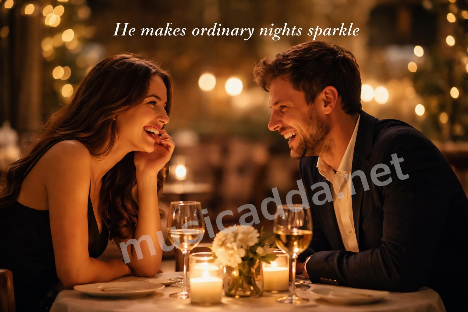 Romantic dinner couple laughing soft lights