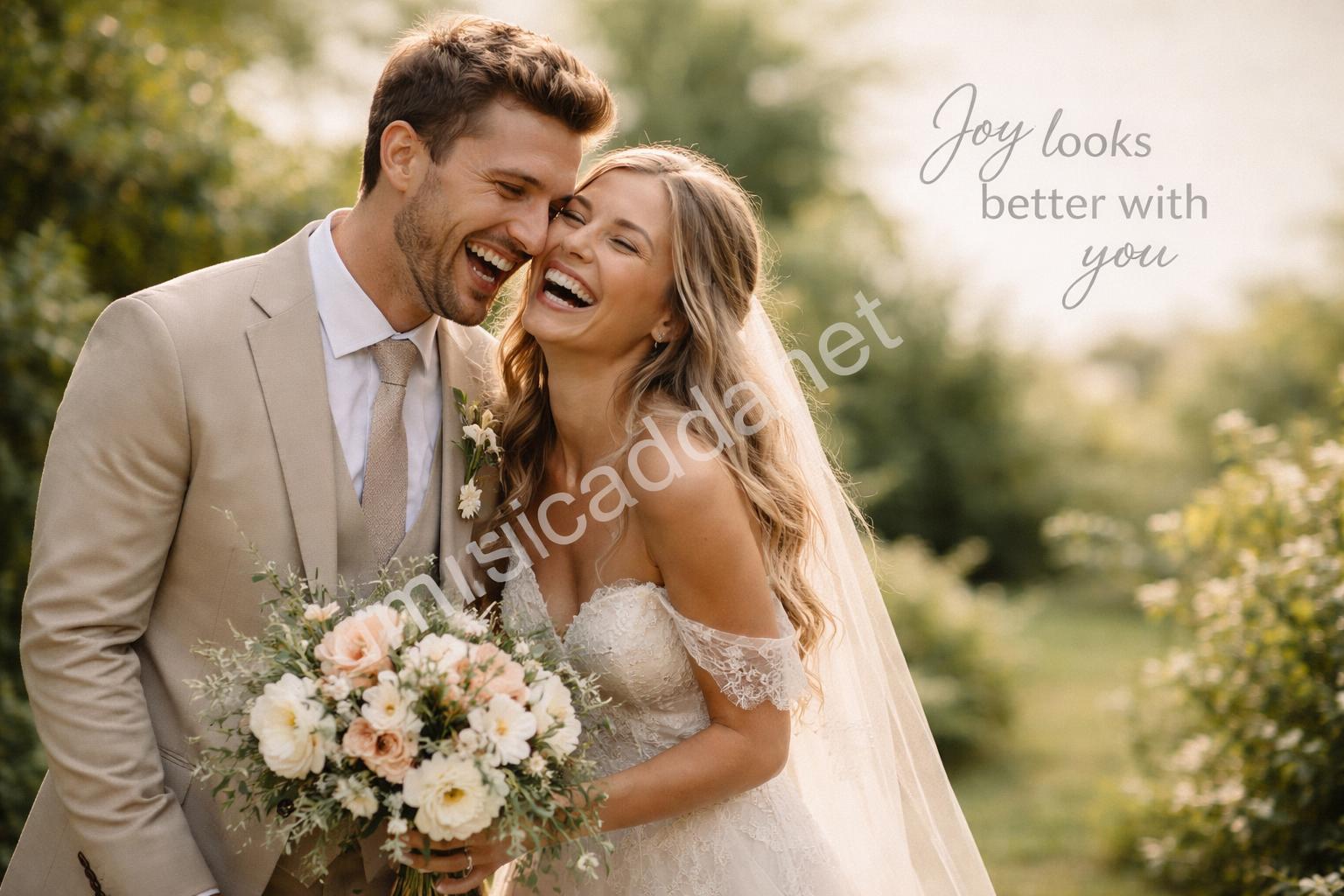 Romantic wedding couple laughing in garden