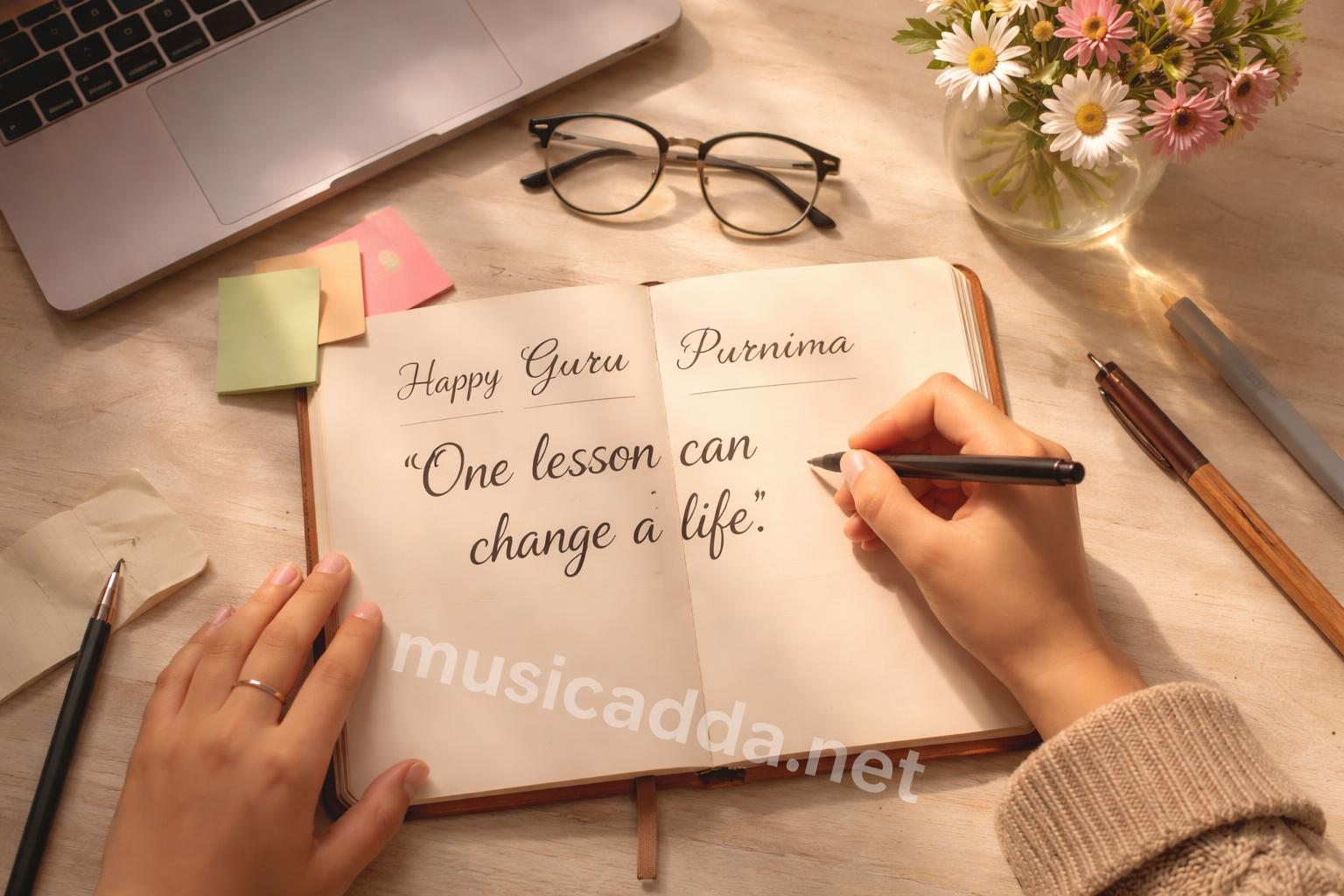 Student writing guru purnima message on desk