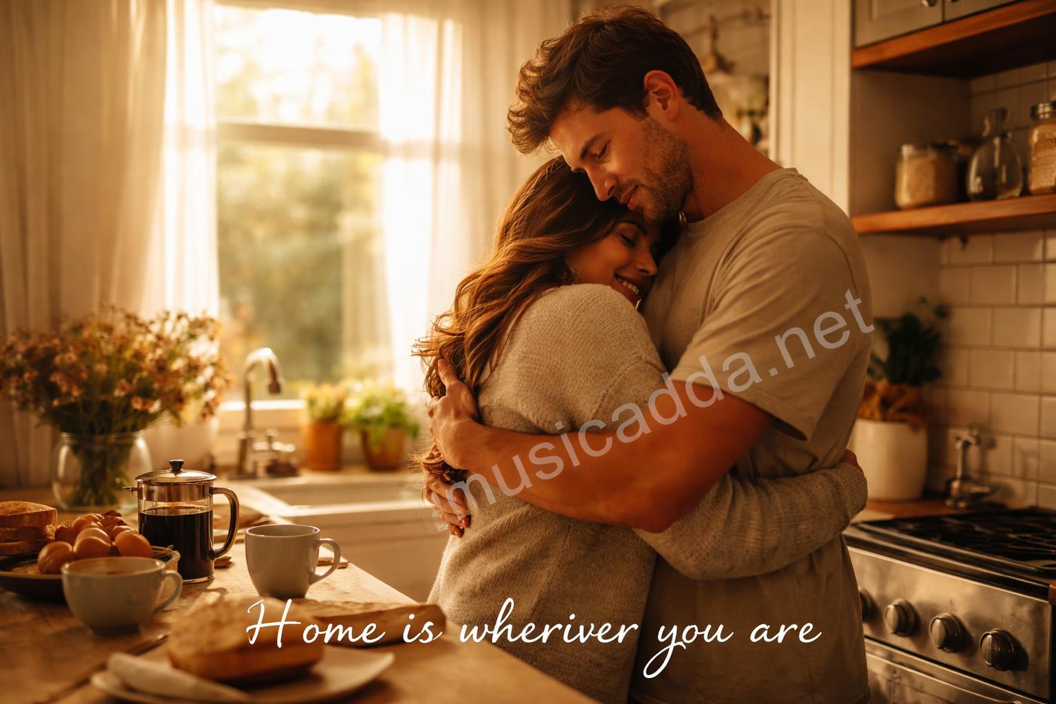 Sweet couple hug in kitchen soft light