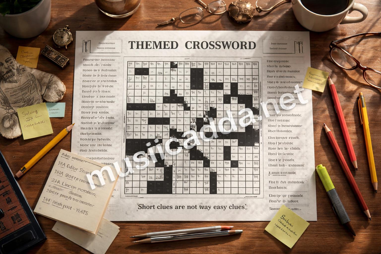 Themed crossword grid and pencils