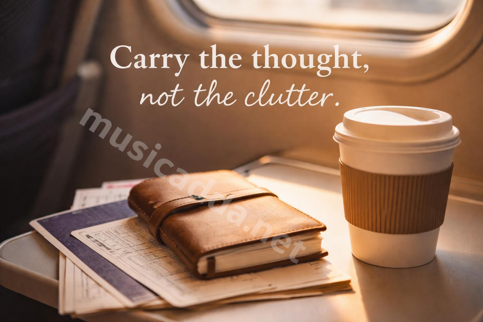 Travel journal next to plane ticket and coffee