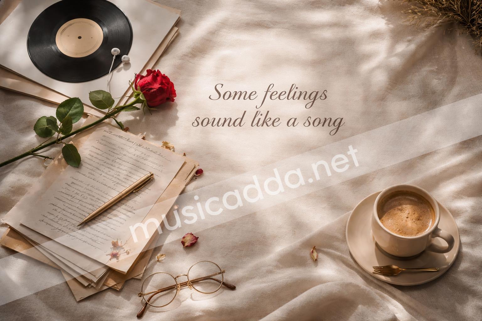 Vinyl record romantic caption flatlay with roses