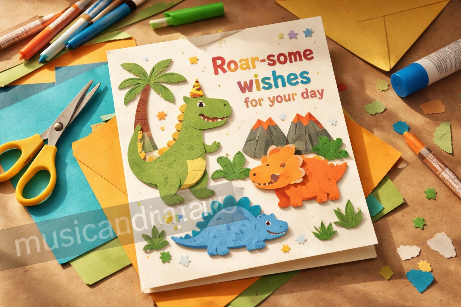 Birthday card with dinosaur pun and paper cut style art