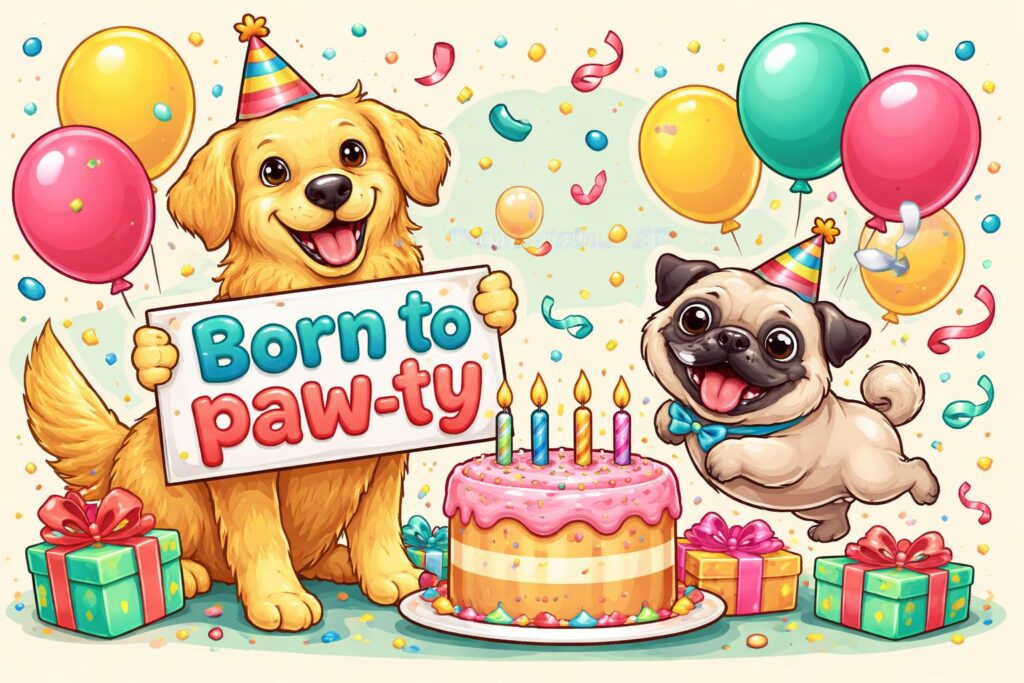 Birthday dog puns party cartoon