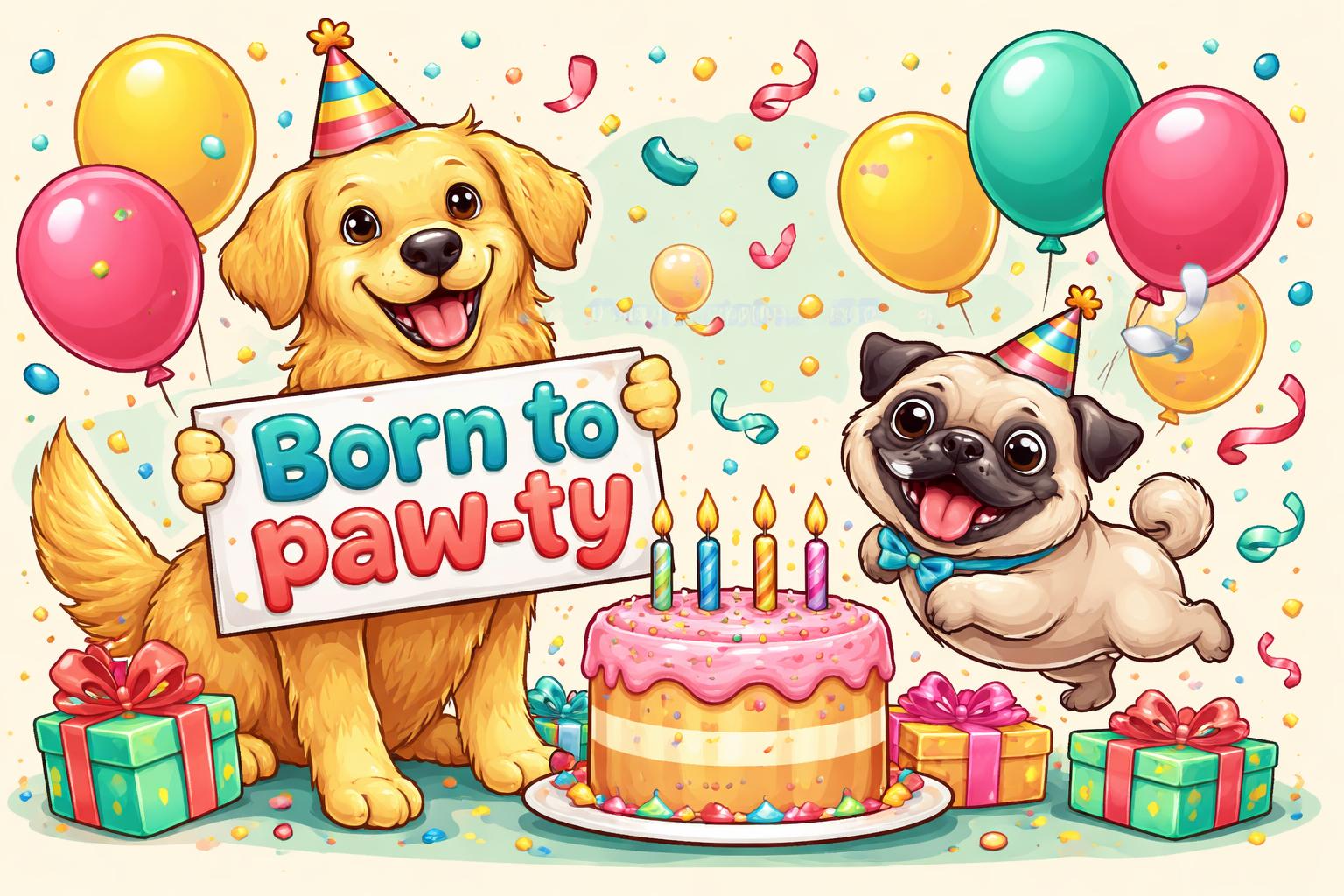 Birthday dog puns party cartoon