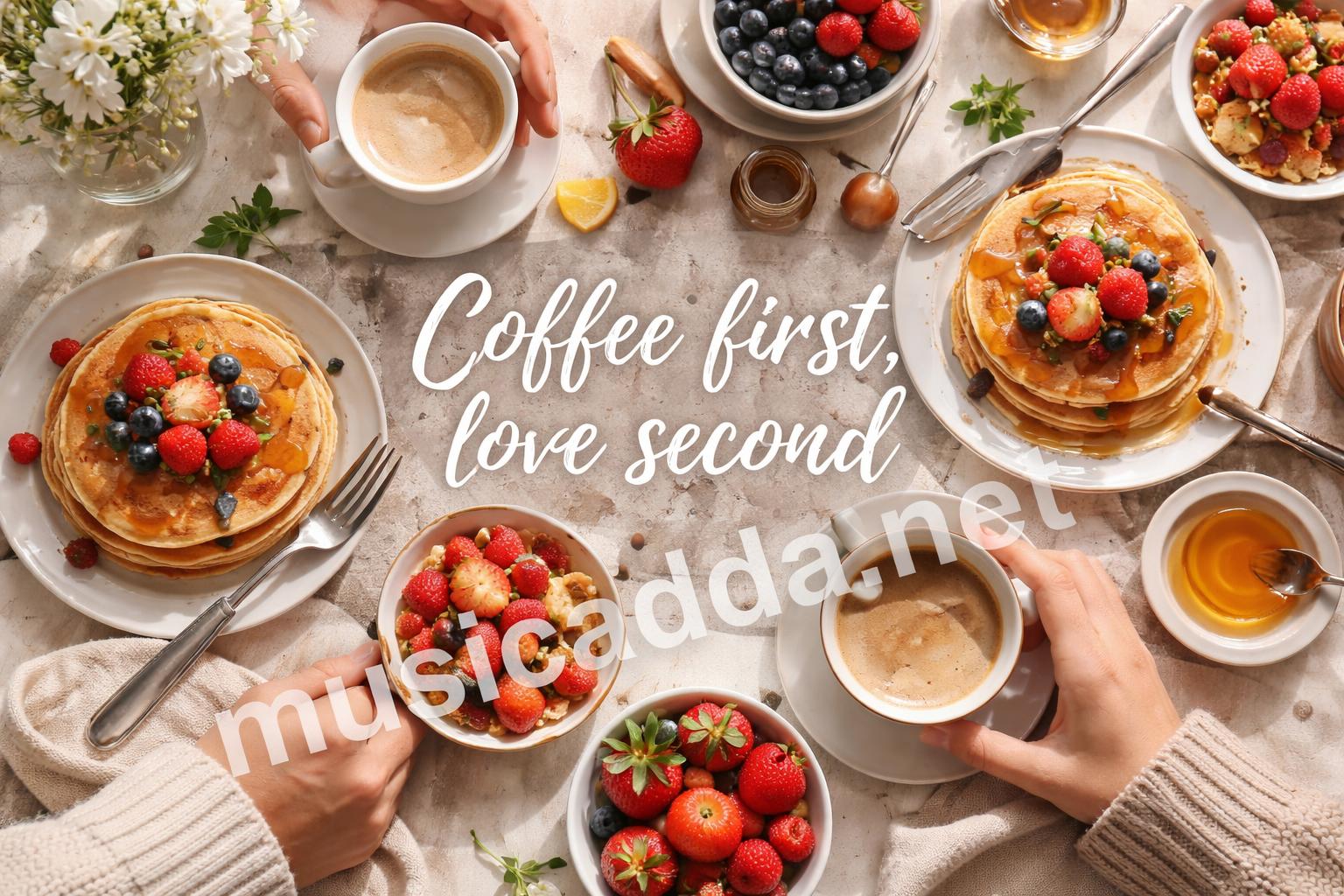Brunch table with pancakes coffee and couple hands